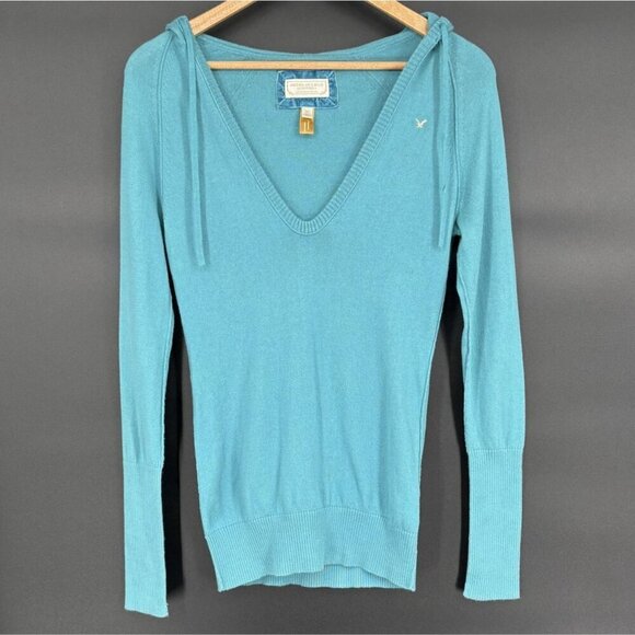 American Eagle Outfitters Sweaters - American Eagle Outfitters Women's V-Neck Hooded Sweater M Teal Logo Y2k Preppy